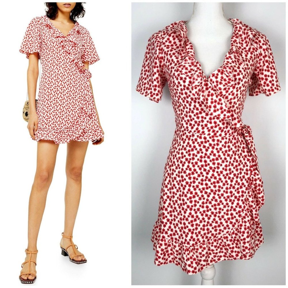 NWT Topshop Floral Print Ruffle Neckline Wrap Mini Dress V-Neck Tie Waist Size 2
